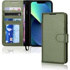 TechGear Green iPhone 13 Mini Leather Wallet Case, Flip Protective Case Cover with Wallet Card Holder, Stand and Wrist Strap Black PU Leather with Magnetic Closure