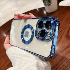 DIAO For iPhone 13 ProMax, Blue Luxury Plating Logo Hole Transparent Case For iPhone 14 13 12 Pro Max Plus Pattern Silicone Cover