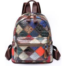 Small Women Backpack Vintage Leather Female Rucksack College Patchwork Backpack Travel Bagpack Multicoloured