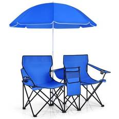 Camping & Outdoor Costway Portable Folding Picnic Double Chair with Umbrella-Blue