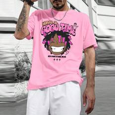 Pink T-shirts Shein Men's Cartoon Character & Slogan Printed T-Shirt