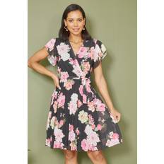 Mela London Mela Black Floral Print Pleated Wrap Skater Dress Colour: Black