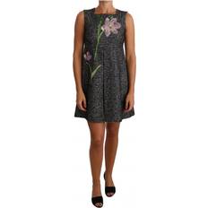 Dolce & Gabbana Gray Dresses Dolce & Gabbana Gray Houndstooth Floral Appliqué Shift Mini Women's Dress