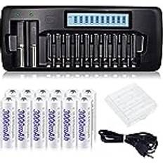 Palogreen Palogreen AA uppladdningsbara batterier med laddare, 12 paket 1.2V AA 3000mAh NiMH uppladdningsbara batterier med 12 Bay LCD-laddare för 1.2V AA AAA NiMH-batterier med urladdningsfunktion