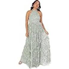Green - Sportswear Garment Dresses Maya Deluxe Maya Deluxe maxiklänning för kvinnor halterneck ärmlös salvia paljett utsmyckade volanger delad slits A-linje aftonbalklänning, Grön lilja, SE