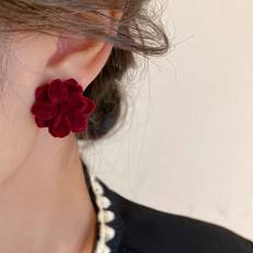 Smycken Shein 1pair Vintage Red Velvet Cloth Rose Flower Stud Earrings For Women, Valentine's Day Gift