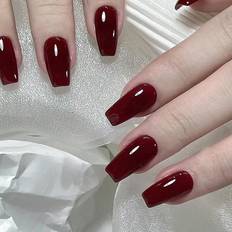 Shein Short Coffin Shaped Cherry Red Solid Color Nails, With 1pc Nail File And 1pc Jelly Glue 24-pack