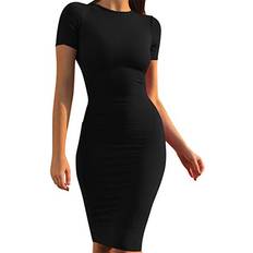 Mokoru Women's Casual Basic Pencil Dress Sexy Long Sleeve Bodycon Midi Club Dress, X-Large, Short Sleeve Black