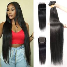 Seekomi Human Hair Straight 4 Bundles with 4X4 Closure Brazilian Human