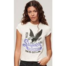 Superdry Damen Oberteile Superdry Damen Verziertes T-Shirt mit Poster-Print und Flügelärmeln Weiß Größe: Weiß