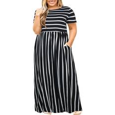 Nemidor Women Short Sleeve Loose Plain Casual Plus Long Maxi Dress with Pockets Black Stripe, 24W