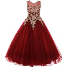 WDE Kid's Prom Ball Gown Gold Lace - Burgundy