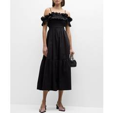 Ganni Vestidos Ganni Black Cotton Poplin Off-the-Shoulder Long Smock Dress