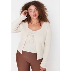 Trendyol Dam plus normal standard v-hals stickat plus cardigan, BEIgE, Stor