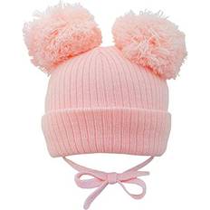 Baby Double Pom Pom Hat with Chin Strap Boy Girl Bobble Beanie Fleece Lined Newborn to Months Pink, 0-3