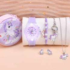 Watches Shein 2024 New Arrival Led Light Up Watch With Unicorn On The Moon Wristwatch 7pcs/Set Change Purse, Necklace, Earrings, Bracelet