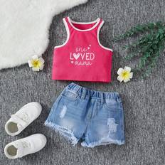 110/116 - Multifärgade Övriga sets Shein Young Girl Printed Slogan Tank Top And Shorts Set
