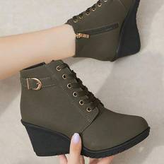 Green Ankle Boots Shein Women's Single Shoes, Korean-Style Fashionable Casual High-Heeled Shoes With Thick Sole, Wedge Heel, Short Cylinder, Round Toe, Versatile Design For