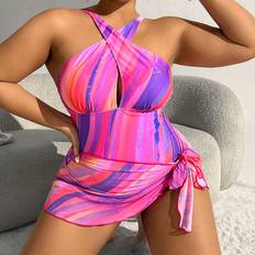 Multicolored Swimwear Shein Plus Women'S Color-Blocking Striped One-Piece Swimsuit