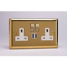 Varilight XV5U2SDW Victorian Polished Brass 2 Gang Double 13A Switched Plug Socket 2.1A USB