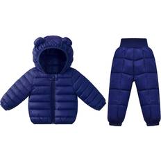 Blue Winter Sets Children's Clothing Infant Lightweight Puffer Bear Hood Coat & Pants Suit - Navy