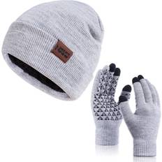 Nertpow Gloves Beanie Infitiny Scarf Set - Light Gray White