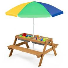 Toys Costway 3-in-1 Kids Outdoor Picnic Water Sand Table with Umbrella Play Boxes-Yellow