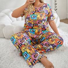 Shein Women Sleepwear Shein Plus Women's Cartoon Printed Short Sleeve Pants Pajama Set