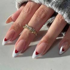 Shein Valentine'S Day Y2k Style Press On Nails Long Almond French & Red Heart Pattern Fake Nail Set,Contain 1pc Jelly Glue 24-pack