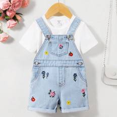 Buttons Jumpsuits Shein Baby Girl Adorable Embroidered Denim Romper