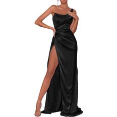Wedding Guest Dresses For Women Formal Satin One-Shoulder Solid Long Dress High Waist High Slit Mopping Maxi Dress Black One