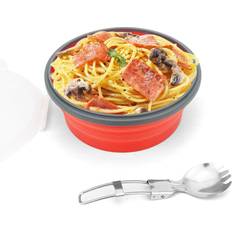 Camping Cooking Equipment CCyanzi 1200ml Collapsible Camping Bowl Silicone Food Storage Container with Lid and Foldable Stainless Steel Fork Spoon