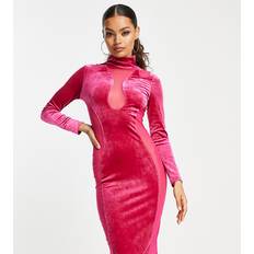 Simmi Petite – Rosa panelsydd midiklänning av sammet och mesh med bodycon-passform-Pink