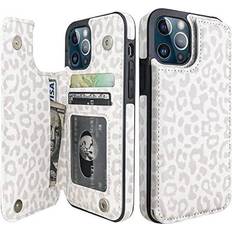 Mobile Phone Covers HAOPINSH for iPhone 12/12 Pro Wallet Case with Card Holder, White Leopard Cheetah Pattern Back Flip Folio PU Leather Kickstand Card Slots Case for