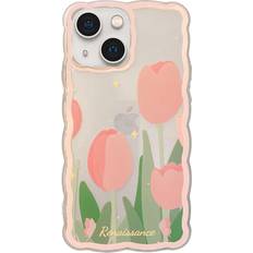 iPhone14 Lovely Floral Pattern Wave Comfortable Grip Design for Girly, Slim Thin Soft Flexible TPU Clear Protective Phone Case Tulip Flower
