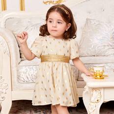 Ruffles Dresses Shein Baby Girl's Gorgeous Gold Polka Dot Short-Sleeved Dress With Elastic Waist For Summer