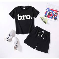 Black Other Sets Shein Young Boy Summer Casual Letter Print Short Sleeve T-Shirt And Shorts Set