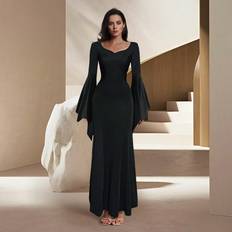 Shein Lange Kleider Shein Black Elegant High Waist Mermaid Hem Trumpet Sleeve Maxi Dress