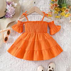 12-18M - Orange Klänningar Shein Solid Color Casual Baby Girls' Strap Dress