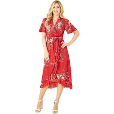 Viscose Dresses Yumi Red Floral Dip Hem Wrap Midi Dress