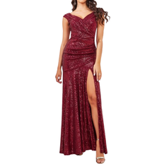 Goddiva Bardot Sequin Pleated Maxi Dress - Wine