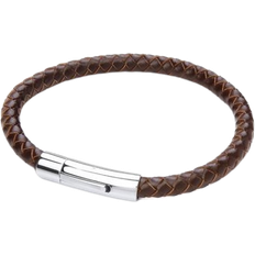 Men - Rhodium Plated Bracelets Jewelco London Platted Strap Bracelet - Silver/Brown