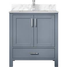 Lexora Jacques 22 D Navy Blue Bath Vanity, Carrara Marble Top, Set Dark