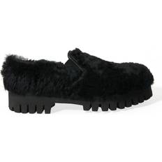 Dolce & Gabbana Black Fur Leather Slippers Dress Shoes 39.5, 40, 40.5, 41, 41.5, 43, 43.5, Black, Color_Sort, EU42.5/US9.5, EU42/US9, Formal Men Shoes, Herre, Lace up, Loafers, Mokkasiner, Sko, Sort