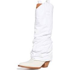 R13 Women's Cowboy Boots with Denim Sleeve, White Denim