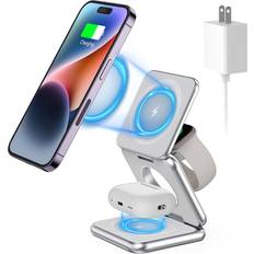 Foldable Magnetic Charger, Aluminum Alloy 3 in 1 Charging Station for Apple, KU XIU 15W Fast Magnetic Wireless Charger for iPhone 14 13 12 Pro/Max/Plus, AirPods 3/2/Pro,iWatchAdapter Included Silver