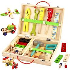 Wooden Toys Kids Tool Set-Wooden Kids Tool Box Kit Construction Role Play Toys for 3 4 5 6 Year Olds Girls Boys,Children Woodworking Tools and