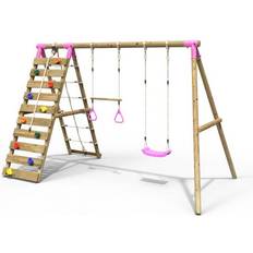 Rebo Savannah, Pink Wooden Swing Set with Up and Over Climbing Wall