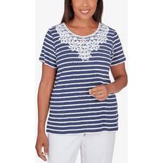 Denim - Women T-shirts Alfred Dunner Women's Classic Neutrals Lace Neck Striped Split Hem T-shirt Denim