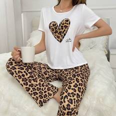 Multicoloured Pyjamas Shein Leopard Print Love Heart Patterned TShirt And Pants Pajamas Set